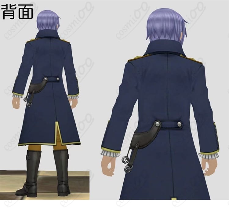 ドラゴンクエストトレジャーズ クオード コスプレ衣装の背面。背中の切替ラインとコートの落ち感、ベルト位置のディテールを確認できるバックショット。