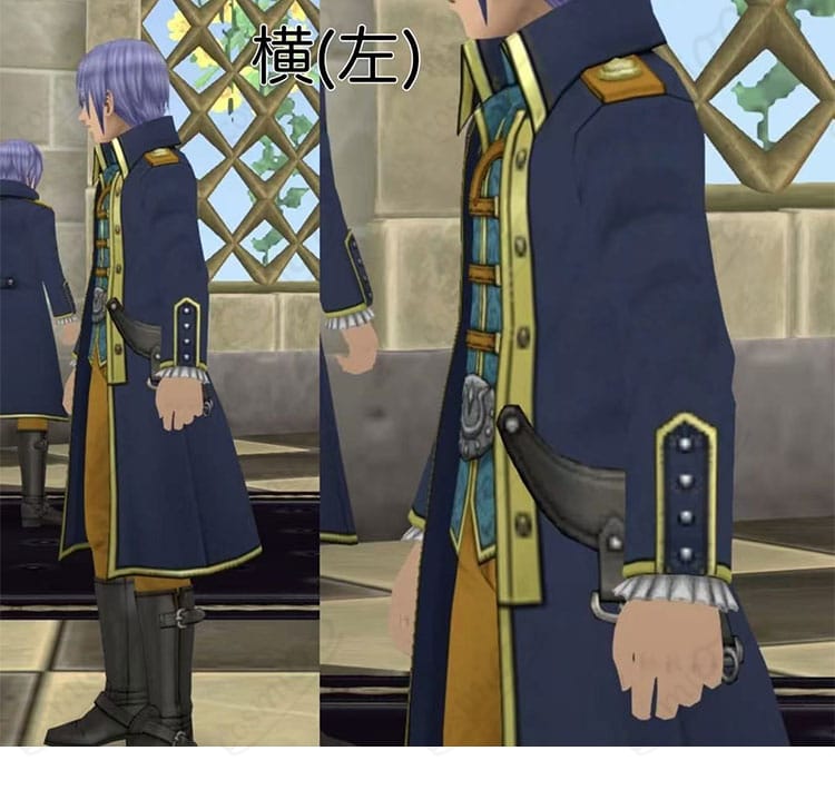 ドラゴンクエストトレジャーズ クオード コスプレ衣装の左側面。コートのフレアとパイピング、立体裁断のシルエットが分かるサイドビュー。