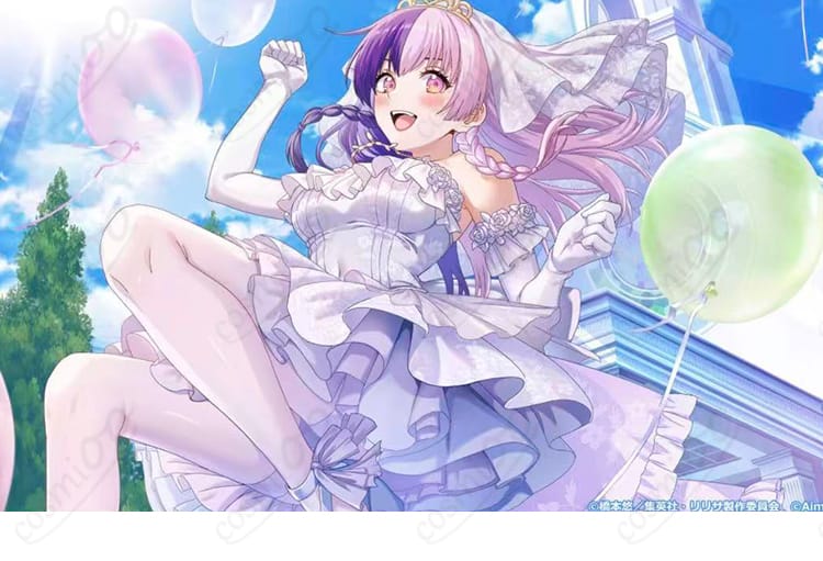 2.5次元の誘惑 753♡ 花嫁コスプレ衣装の全身。白ワンピースに前後の大きなリボンとベール、手袋を合わせた高再現セット。イベントや撮影向けのエレガントな仕上がり。