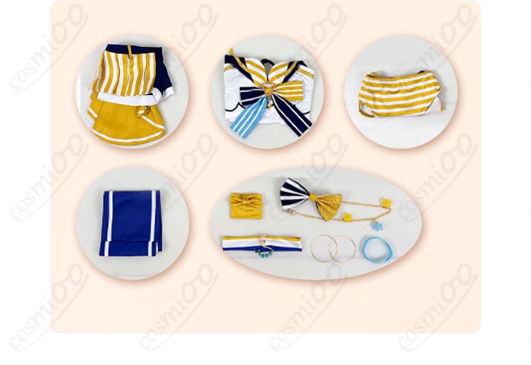 アーニャ・メルフィッサ 水着コスプレ衣装のセット内容一式。トップス、ショートパンツ、腰飾り、手首飾り、太もも飾りが揃う展示画像。