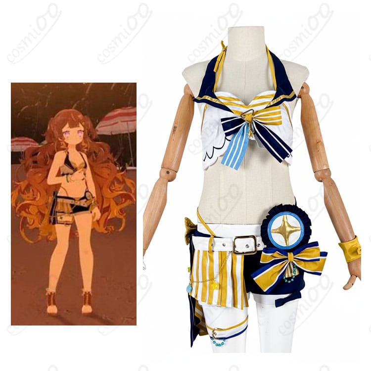ホロライブ アーニャ・メルフィッサの水着コスプレ衣装と公式イラストの比較画像。配色・装飾・シルエットを忠実再現しイベント映えを狙える仕上がり。