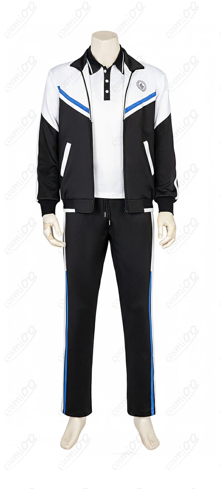 恋と深空 授業の合間の想い/在りし日々 カレ共通コスプレ衣装の正面ディテール。コートのライン、トップスの襟元、ズボンのシルエットが確認できる近接画像。