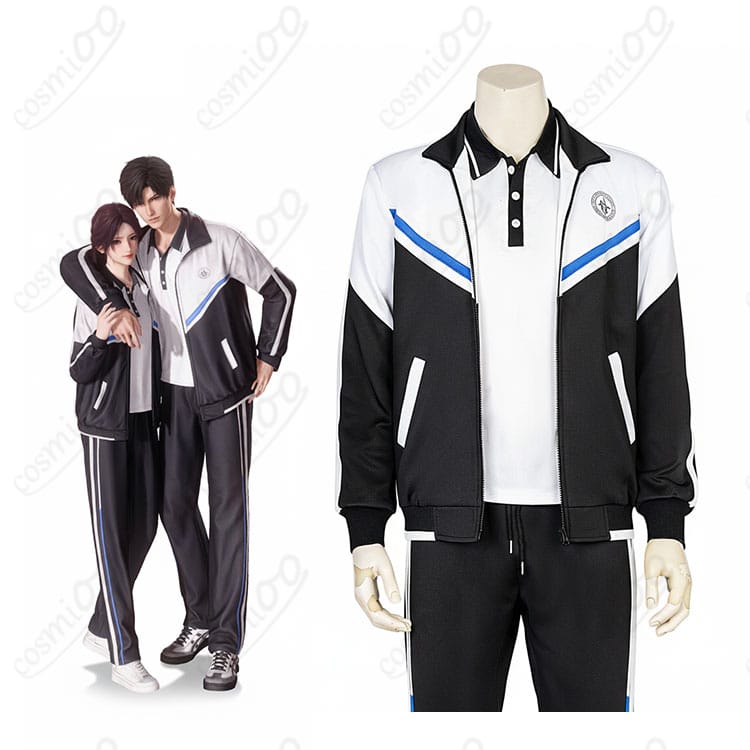 恋と深空 カレ共通学園制服を着用したイメージ。マヒル・セイヤ・シン・レイ・ホムラの公式ビジュアル雰囲気に合わせた高再現コーディネートが分かる全身写真。