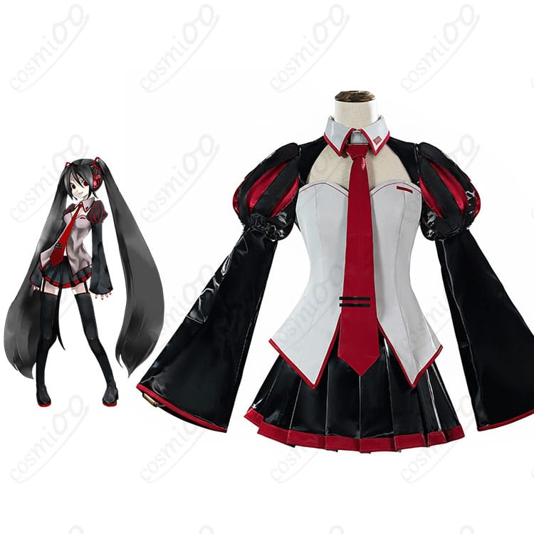 雑音ミク衣装と公式ビジュアルの比較画像。黒×赤の配色やタイの位置まで高再現で並べて確認できます。