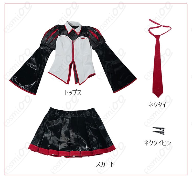 雑音ミク コスプレ衣装のフルセット一式。トップス・スカート・ネクタイ・ネクタイピンの内容が一目でわかる配置。