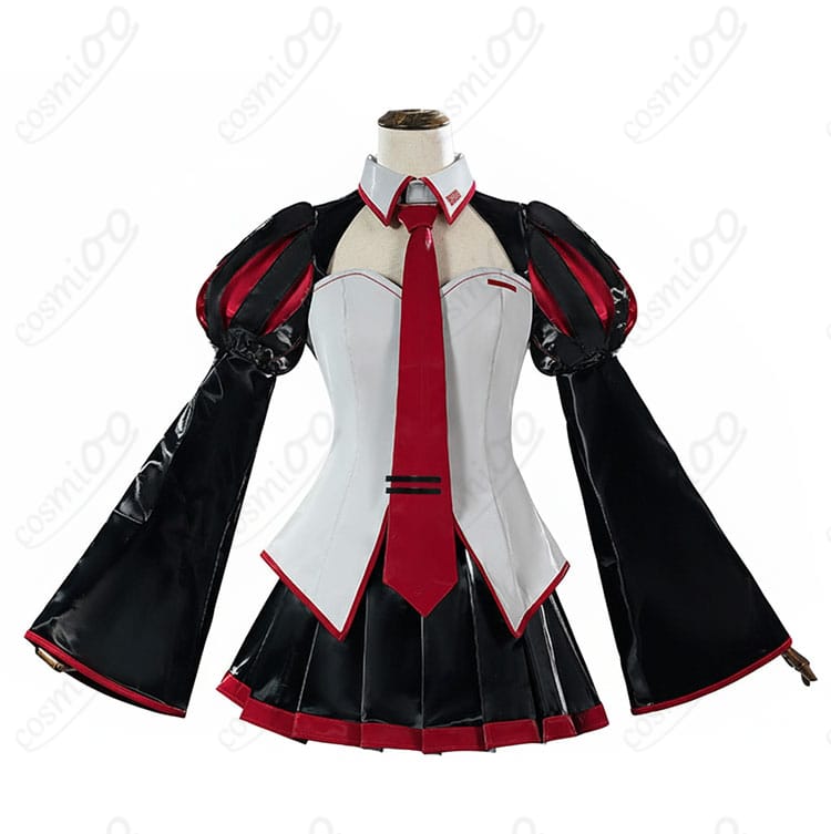 雑音ミク コスプレ衣装の正面全体。トップスの直線的ラインとネクタイの差し色がイベント向けに映える構図。