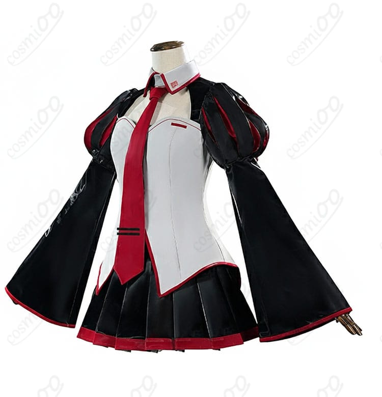 雑音ミク衣装の側面ディテール。ウエストラインからスカートの広がりまで、美しいシルエットを強調。