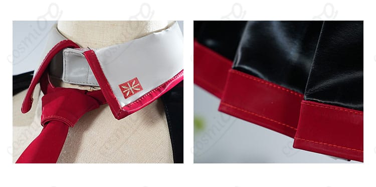 衿元とスカート生地のアップ。ハリのある素材感と丁寧なステッチ、快適な肌当たりを示す質感表現。