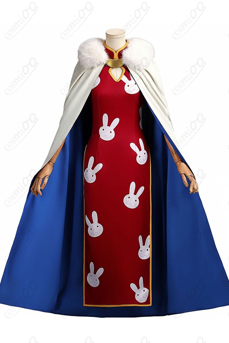 銀魂 神楽 コスプレ衣装の正面ディテール。立ち襟やライン配色、ウサギ柄の発色と縫製の仕上がりを確認できる画像。