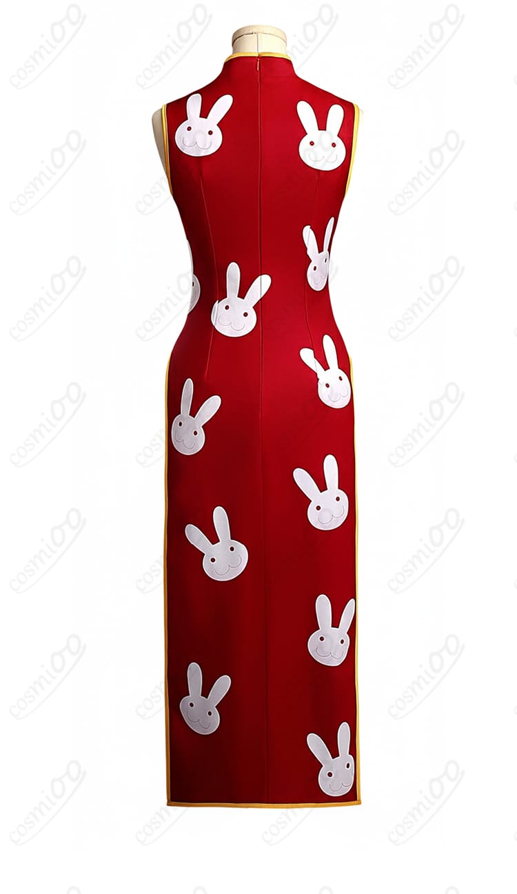 背面ウサギ柄装飾のアップ。背中側の模様やトリム処理、縫製の丁寧さが見えるディテール写真。