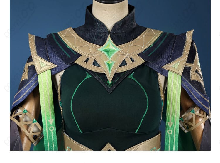原神 ネフェル コスプレの襟元装飾ディテール。立体パーツと刺繍風モチーフで高級感を表現