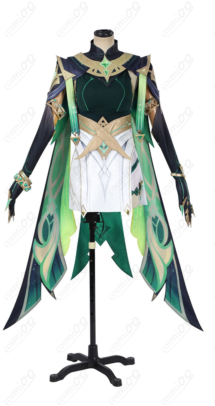 原神 ネフェル 通常衣装コスプレの正面全体図。トップス・ベスト・スカートの構成と配色を忠実再現