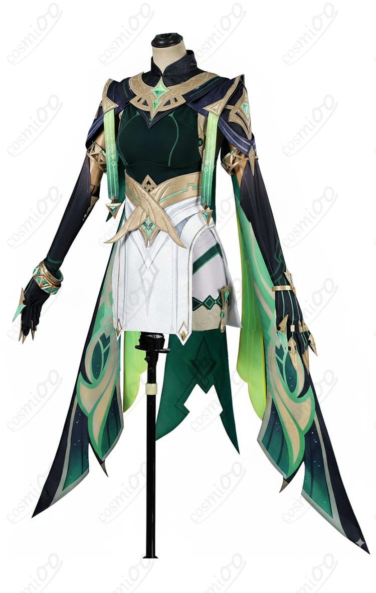 原神 ネフェル コスプレの側面ショット。ウエストシェイプとスカートの美しいAラインシルエット