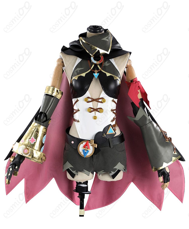 原神 ヤフォダ コスプレ衣装の正面全体。マントとレオタード、ショートパンツのシルエットが分かる高品質撮影