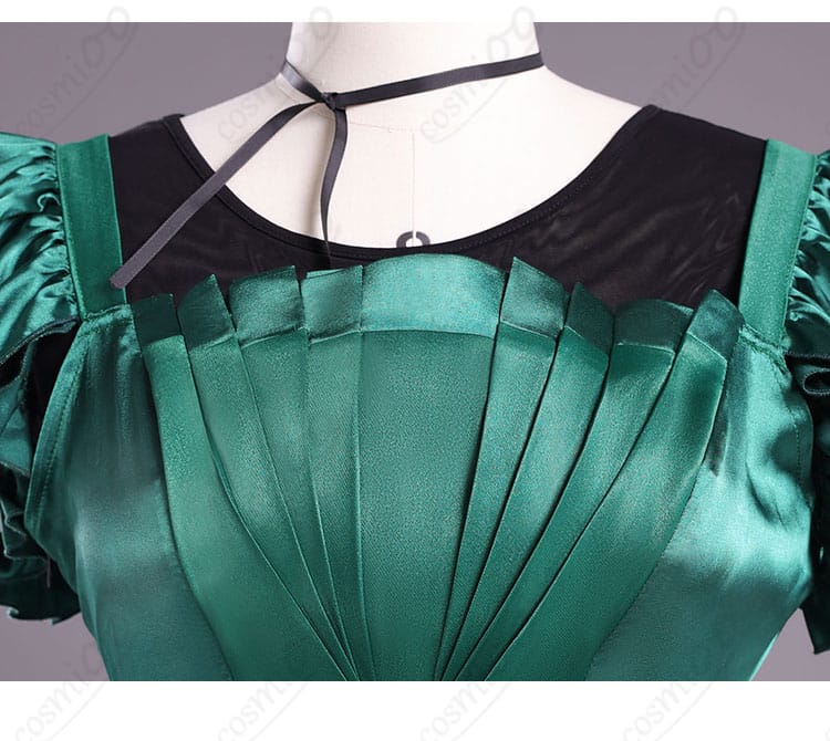 服装の襟元装飾ディテール画像｜アグネス・ミデル コスプレ衣装 緑ドレス 襟元のこだわり