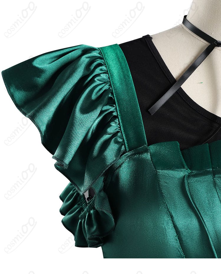 肩・袖装飾ディテール画像｜ウェンズデー 緑ドレス コスプレ衣装 肩と袖の細部紹介