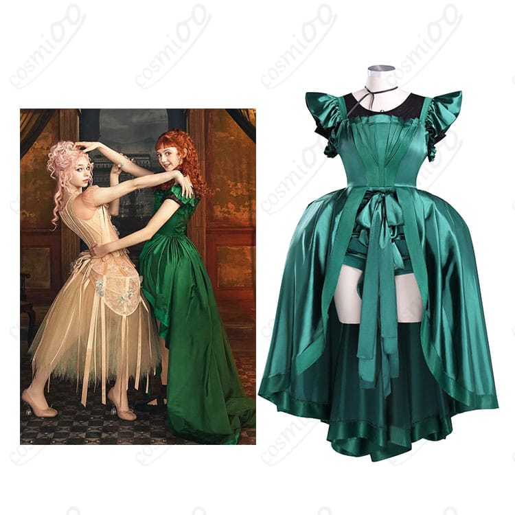 商品服装とキャラクターイメージの紹介画像｜ウェンズデー アグネス・ミデル 緑ドレス コスプレ衣装