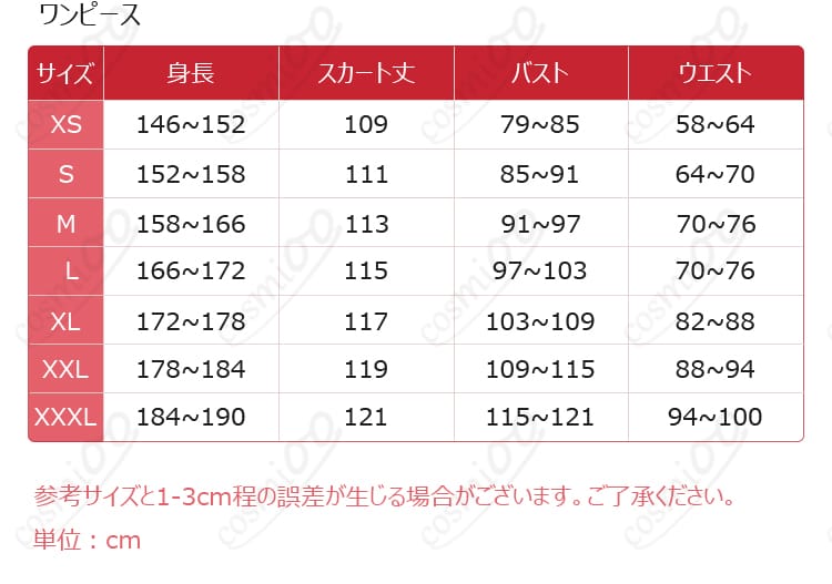 イーニッド・シンクレア コスプレ衣装 サイズ表|狼族ドレス サイズ確認用