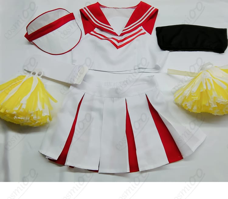 春原ココナ チアガール コスプレ衣装 セット内容展示|トップス・ベアトップ・スカート・帽子・靴下のフルセット紹介