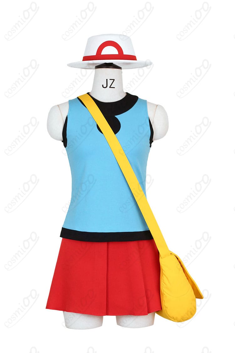 ポケモン リーフ コスプレ衣装 正面全体図|爽やかな青トップスと赤スカートの王道デザイン