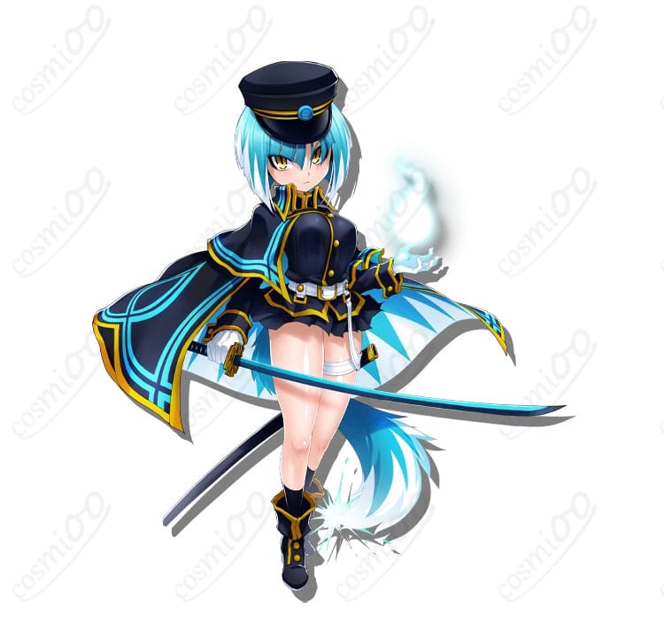 ボンバーガール アサギ コスプレ衣装 正面全身図|忠義に厚い剣士スタイルを高再現したデザイン。イベントや撮影にもおすすめ。