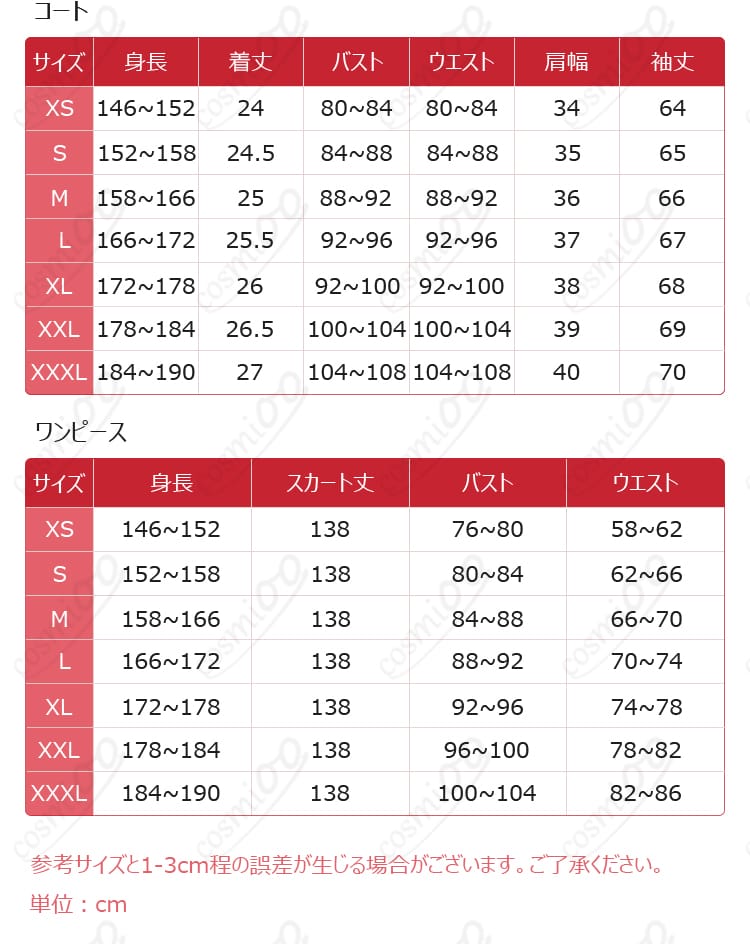 エリスの聖杯 コスプレ衣装 サイズ表示図|各サイズ詳細を確認して理想のフィット感を選ぼう
