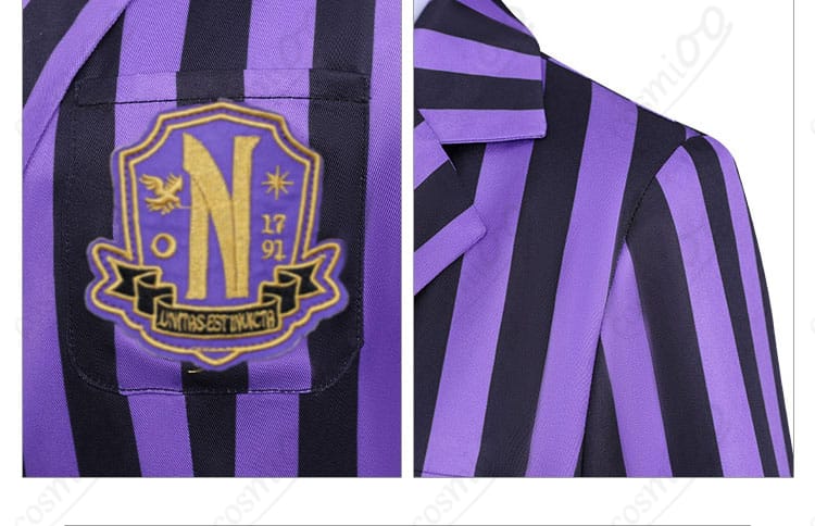 ウェンズデー コスプレ衣装 外套胸元装飾アップ|胸飾りや刺繍の高級感を表現。