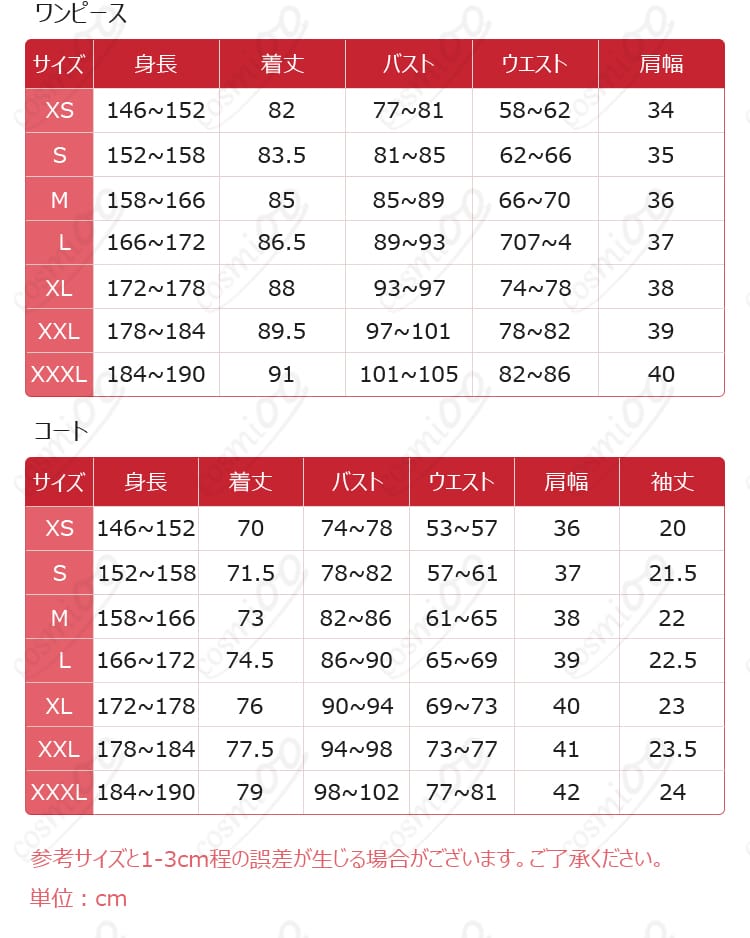 黒部ナノカ コスプレ衣装 サイズ表・寸法ガイド画像|XS〜3XL対応サイズ詳細