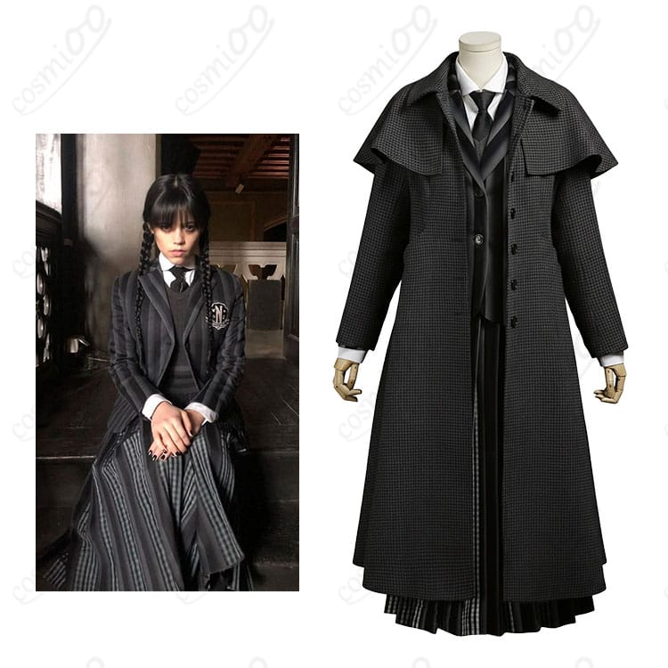ウェンズデー・アダムス ネヴァーモア学園制服 コスプレ衣装 キャラクターと衣装の全体図|ダークでクールな雰囲気を再現