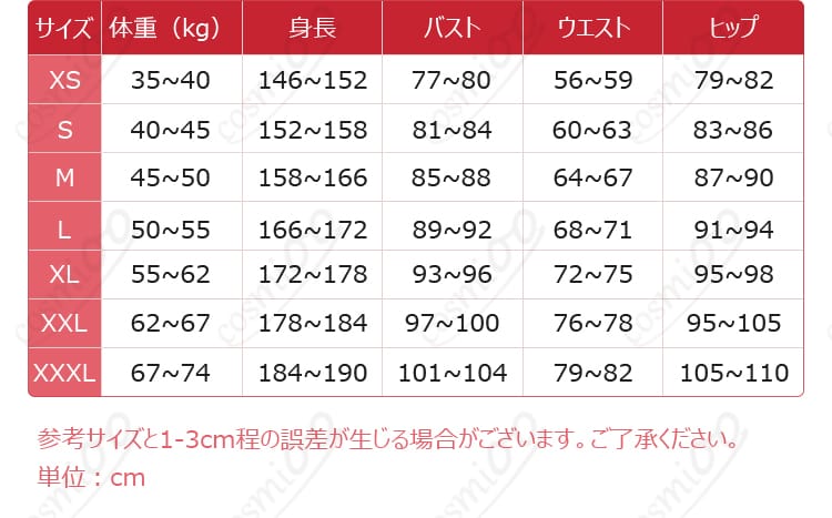 ラブライブ!南ことり コスプレ衣装 サイズ表 詳細サイズ確認用
