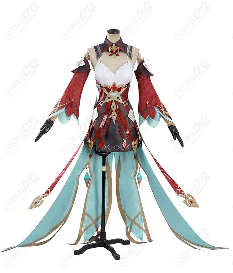 コスプレ衣装の正面図、細部まで美しく再現されたデザイン