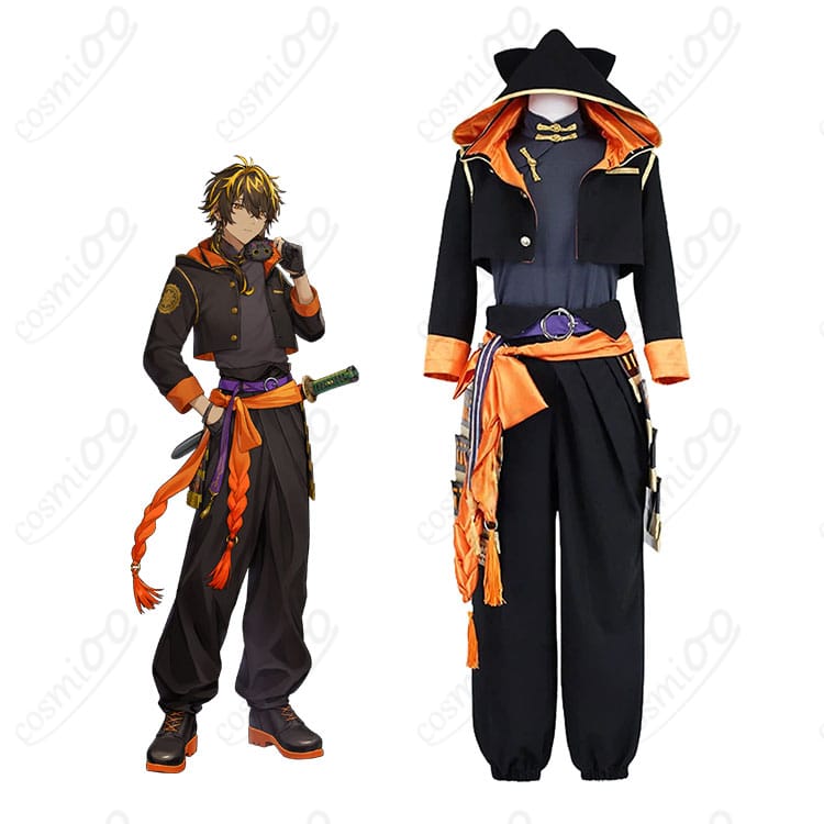 刀剣乱舞-ONLINE- 火車切広光のコスプレ衣装一式とキャラクタービジュアル。猫耳パーカー、布ベルト、腰鎧の構成がわかる画像。