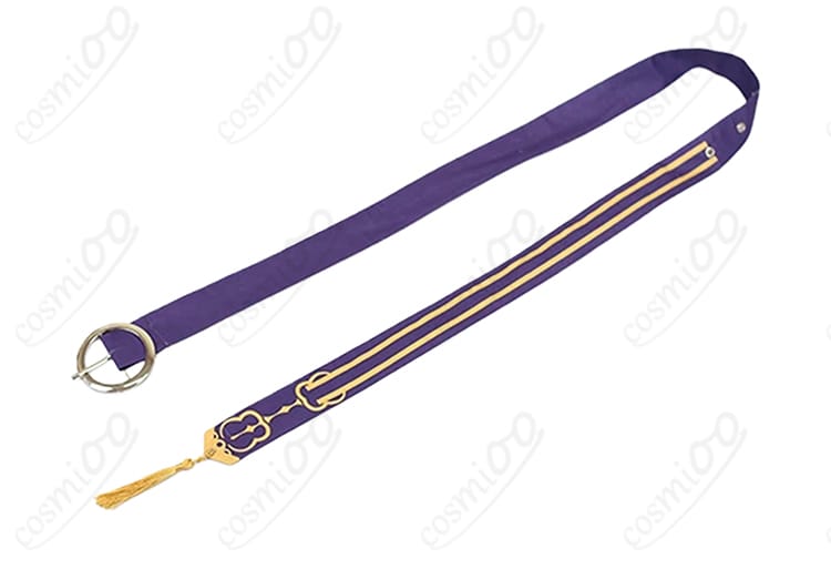 腰回りの紫色の系帯ディテール。色味のトーンと結わえ方、腰鎧との重なりを示す。