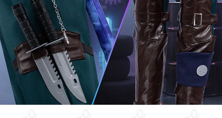 レッグカバー、太もも飾り、足首飾りのディテール。脚部のレイヤー構成