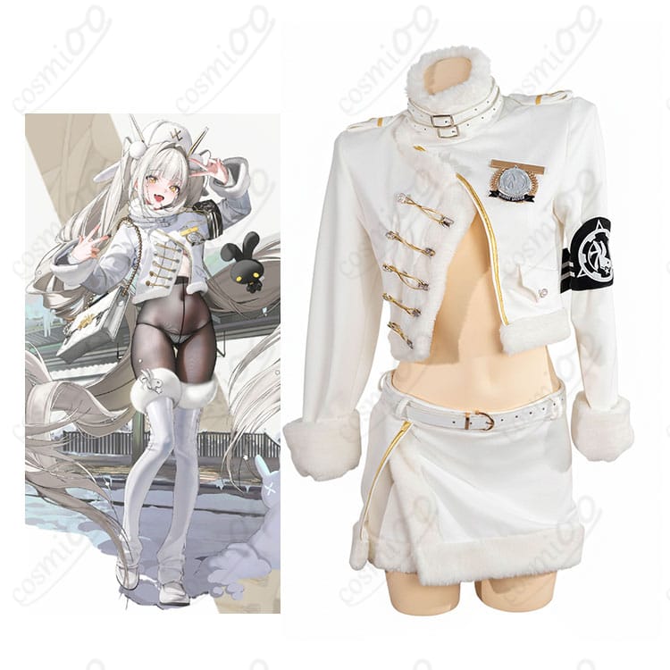 モデル着用の全身イメージと衣装一式（勝利の女神:NIKKE ブラン フォーチュンエクスプレス）