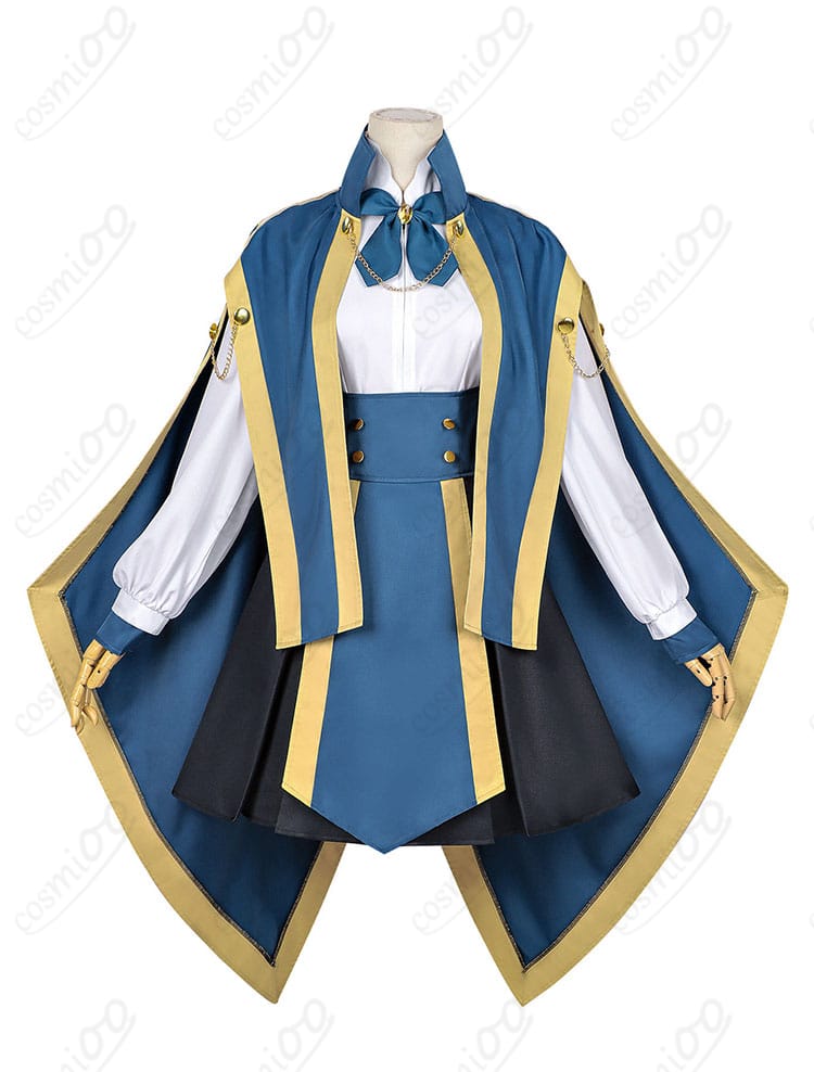 ジェニエ・コース 魔法学園制服コスプレの正面全体。マント・シャツ・スカート・スカーフ・帽子の着用イメージ。