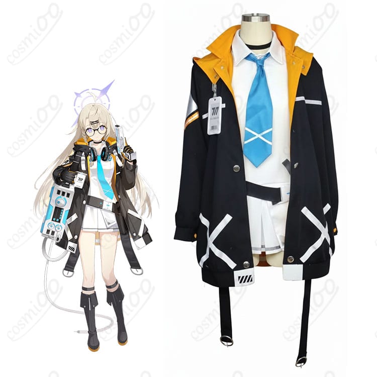 モデルが音瀬コタマの学園制服コート一式を着用した全身イメージ。白コートと青系ネクタイが爽やかに映える。