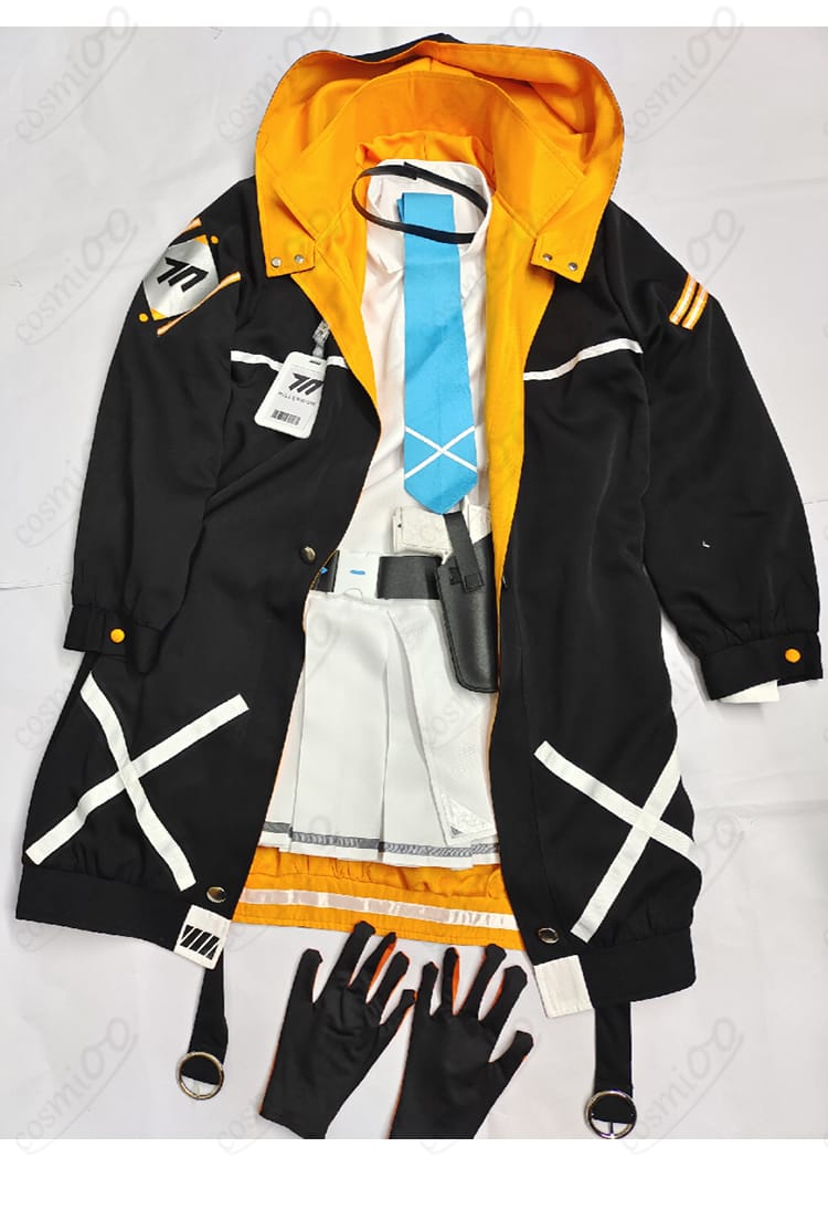 セット内容一式のレイアウト画像。コート、スカート、インナー、ネクタイ、ベルト、手袋、ホルスターが揃い、付属品のディテールが分かる。