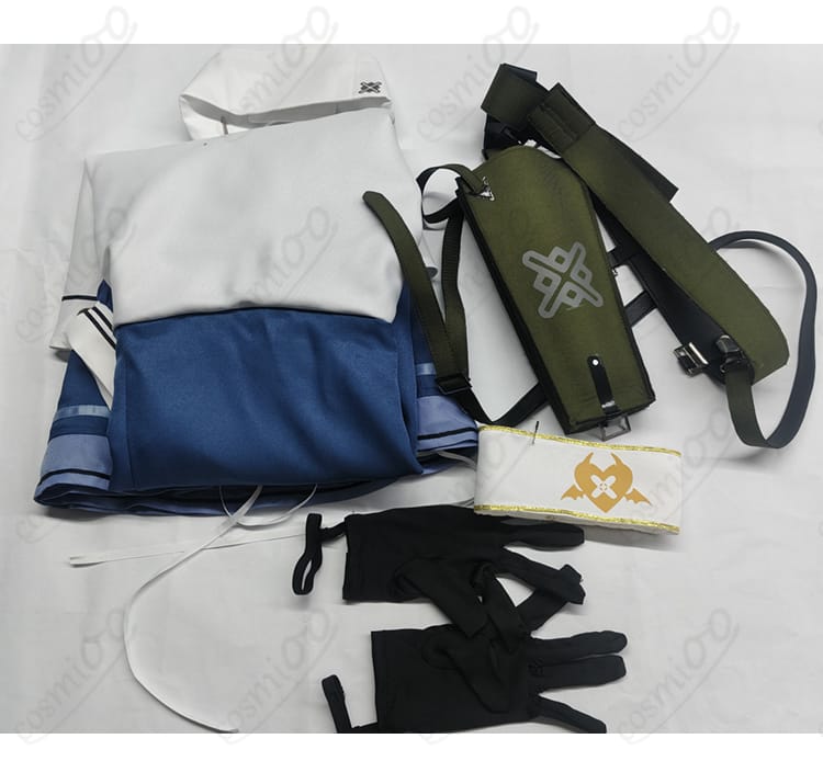 セット内容一覧：ワンピース、帽子、手袋、ベルトコンポーネント、ホルスターを並べた画像（クラッチバッグは別売り）。