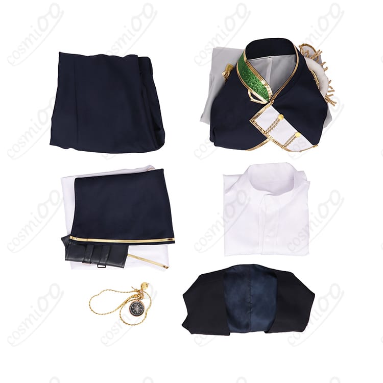 にじさんじ オリバー・エバンス 共通衣装の付属内容一覧。コート、ベスト、シャツ、ズボン、腰布、腰飾りの6点セットを並べた画像。