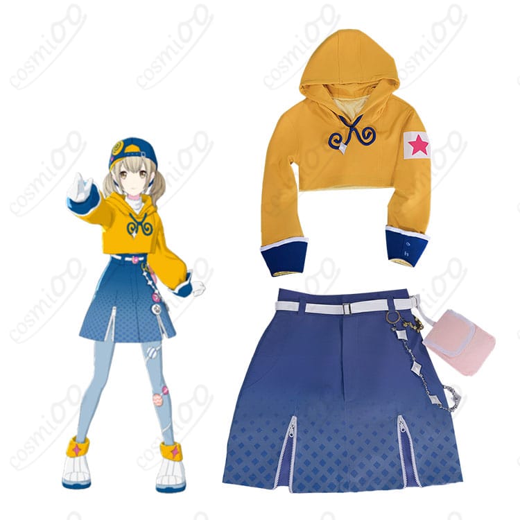 モデル着用の小豆沢こはね めめっち風ぐるぐるスタイル コスプレ衣装全身イメージ。トップスとスカート、腰飾りのバランスが分かる