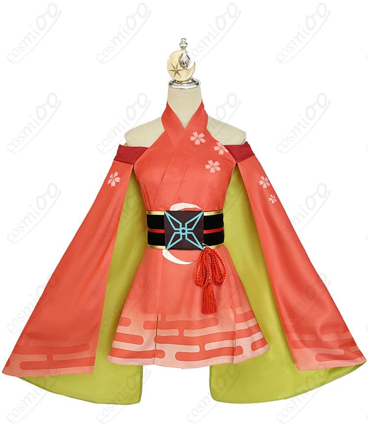 かぐや姫モチーフコスプレ衣装の正面写真。ワンピースとコルセットベルトのシルエットと丈感を確認できる画像。