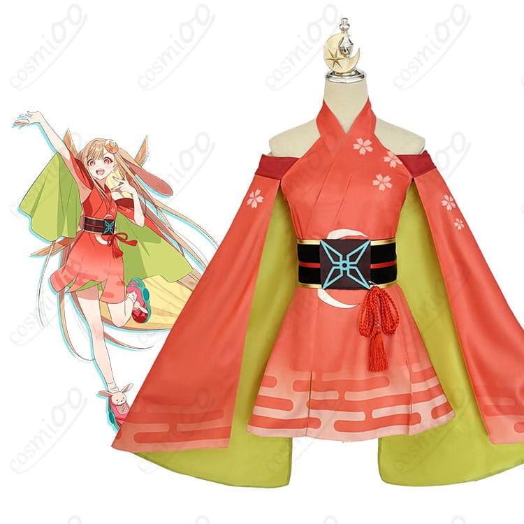 モデルがかぐや姫モチーフの和装ドレスを着用した全身イメージ。ワンピース・コルセットベルト・髪飾りのバランスがわかる写真。