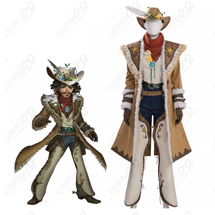 モデル着用の全身正面カット。Identity V 第五人格 カウボーイ（ケビン・アユソ）『春の便り』コスプレ衣装を帽子・マフラー込みで再現。