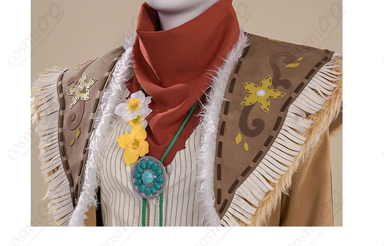 襟元の装飾ディテール。シャツの襟、ネックレス、マフラーの重なりを近接で表現。