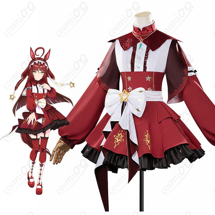 ウマ娘 プリティーダービー レッドディザイア 勝負服コスプレを着用したモデルの全身カット。ワンピースとつけ襟・腰リボンの高コントラスト配色が分かる正面ポーズ。