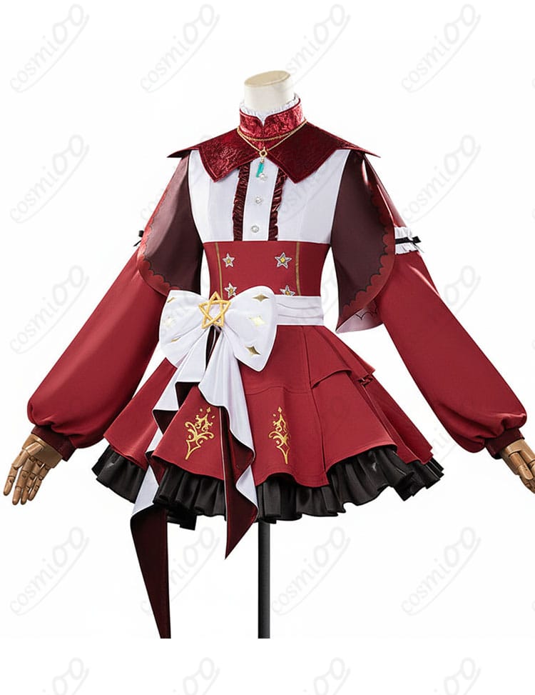 レッドディザイア 勝負服コスチュームの正面ディテール。ハリ感のあるワンピースとネックレスの配置・配色が確認できる画像。