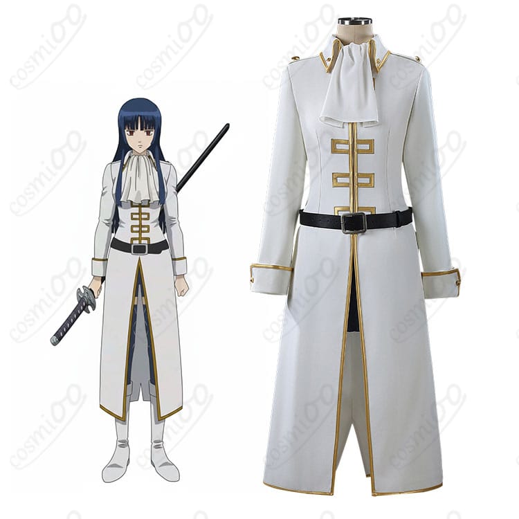 モデルが着用する銀魂 今井信女 見廻組副長 制服コスプレ一式(コート・ショートパンツ・スカーフ・靴下・ベルト)の全身イメージ