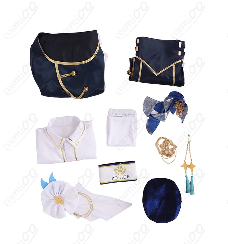 セット内容一覧：コート、シャツ、ショートパンツ、腕章、胸飾り、帽子、靴下、腰飾り、太もも飾りを平置きで見せ、付属品の充実度を説明。