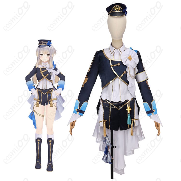 にじさんじ 栞葉るり 共通衣装コスプレを着用したモデルの全身イメージ。軍服風コートとショートパンツ、腕章・胸飾り・帽子まで再現。